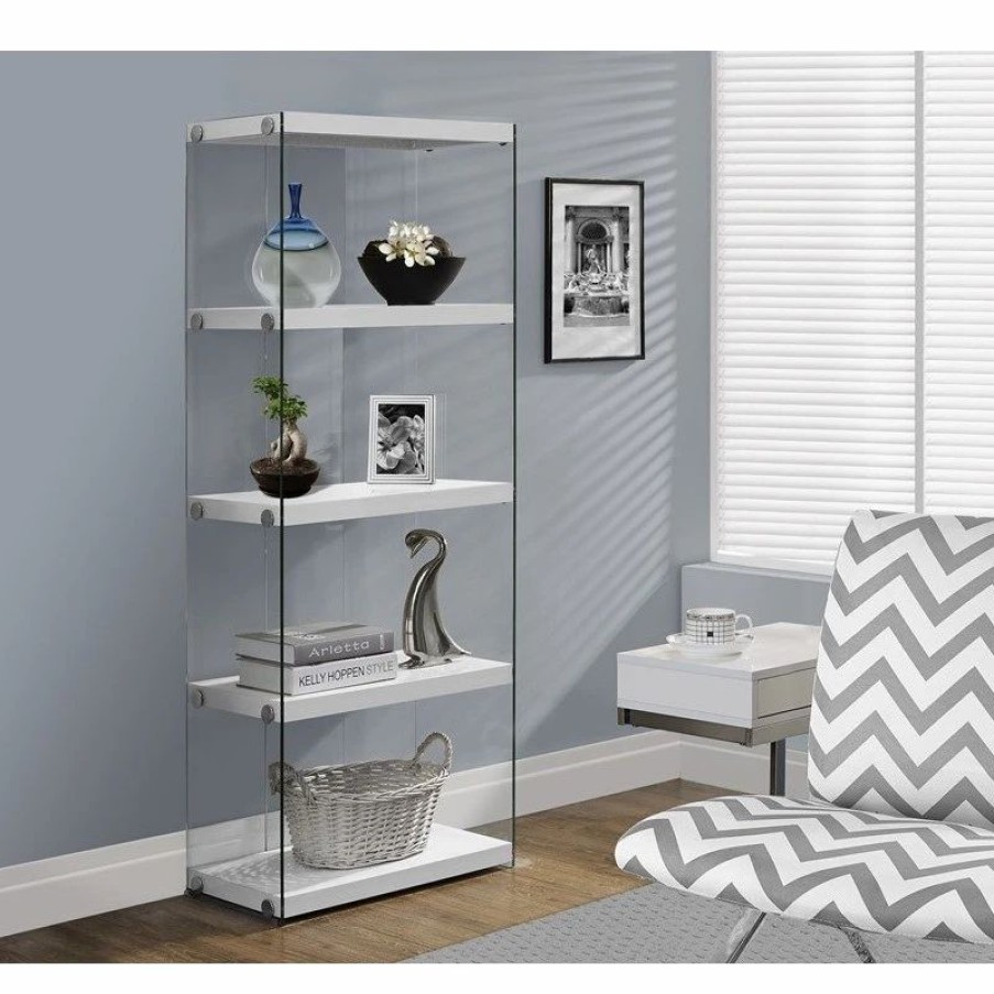 Bookcases * | Monarch Specialties Etagere 5 Tier 60 H Office Bedroom Tempered Glass Laminate Glossy White Clear