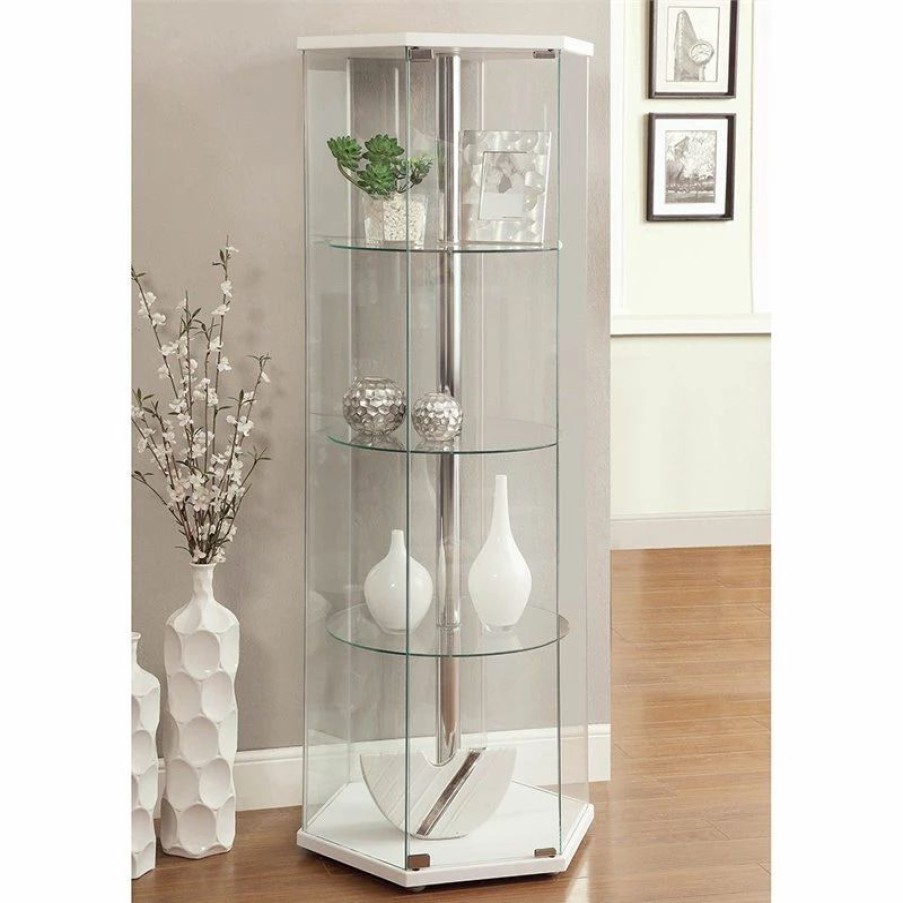 China Cabinets & Hutches * | Bowery Hill Glass Hexagonal Curio Cabinet In White And Chrome