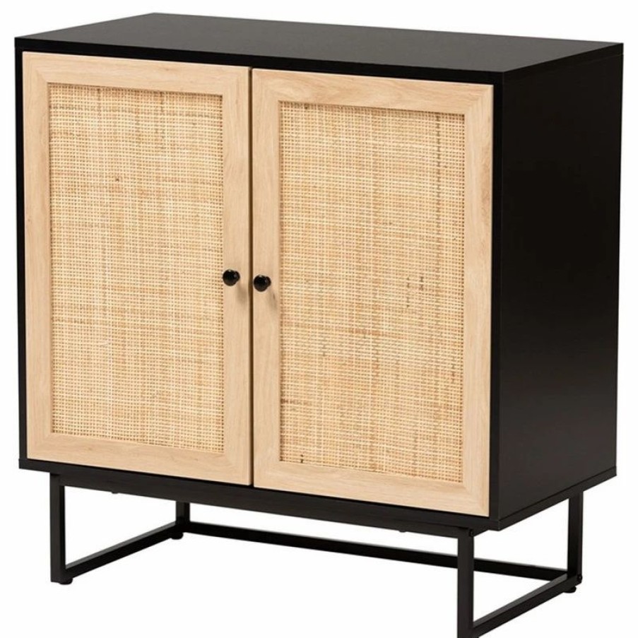 Accent Chests & Cabinets * | Baxton Studio Declan Brown Wood And Natural Rattan 2-Door Storage Cabinet