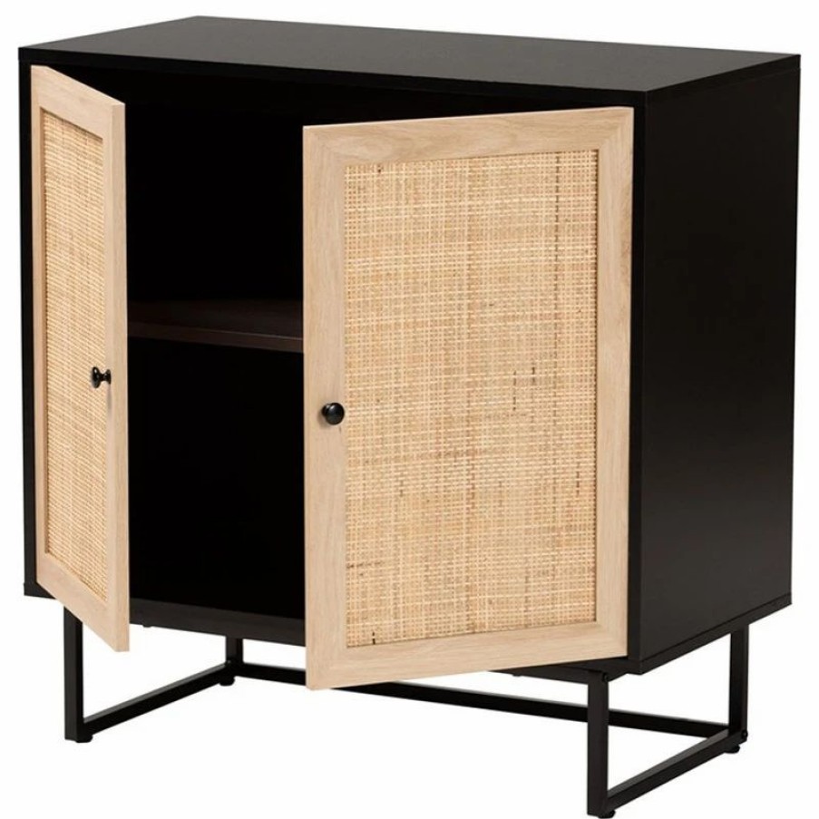 Accent Chests & Cabinets * | Baxton Studio Declan Brown Wood And Natural Rattan 2-Door Storage Cabinet