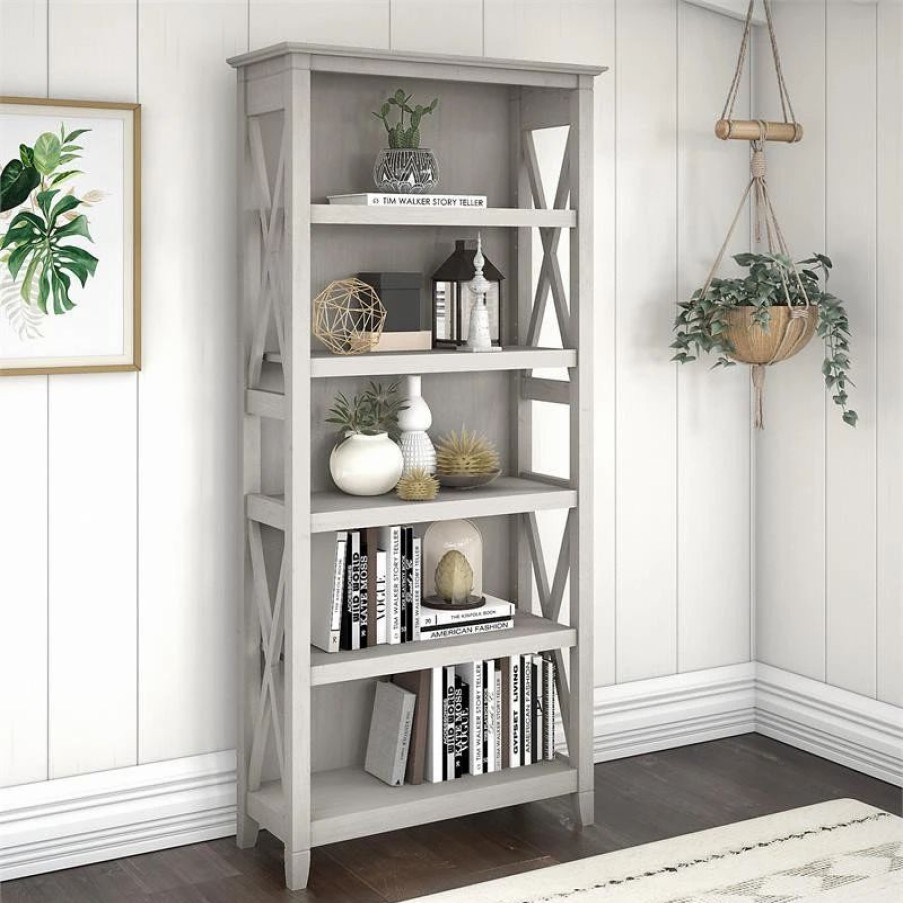 Bookcases * | Bush Business Furniture Key West Tall 5 Shelf Bookcase In Linen White Oak Engineered Wood