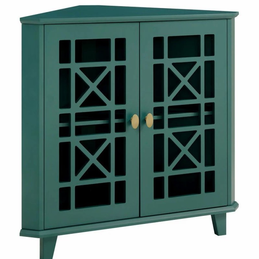 Accent Chests & Cabinets * | Walker Edison Gwen Fretwork Corner Accent Cabinet Dark Teal