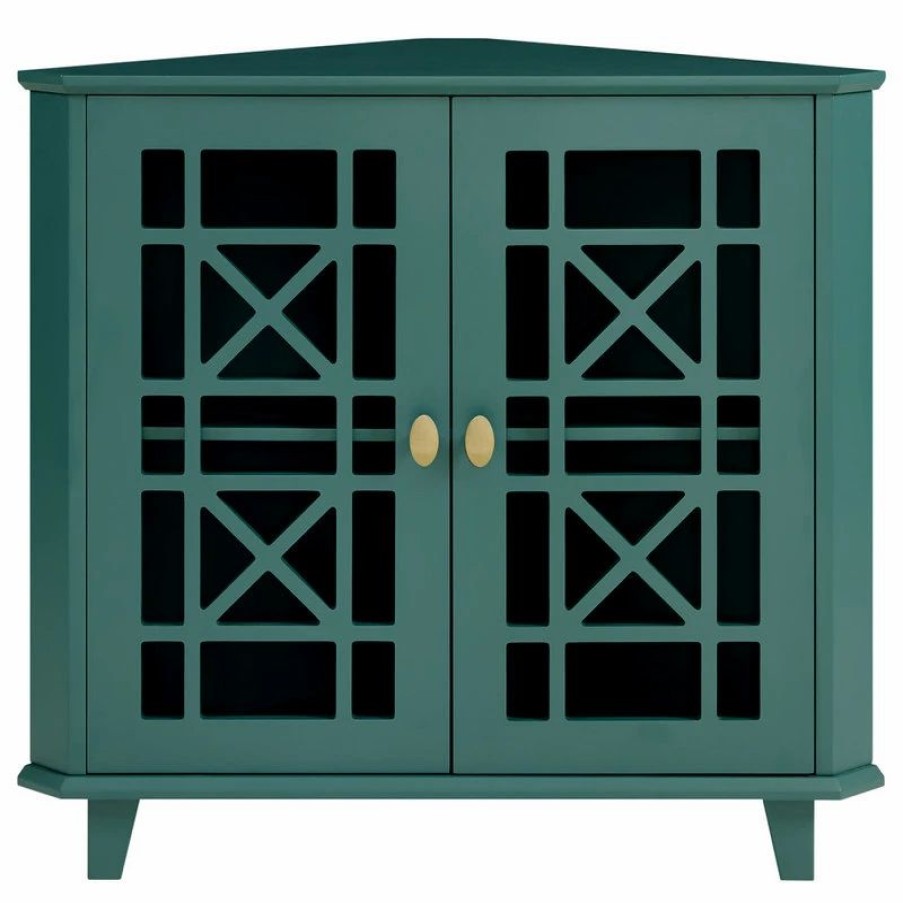 Accent Chests & Cabinets * | Walker Edison Gwen Fretwork Corner Accent Cabinet Dark Teal