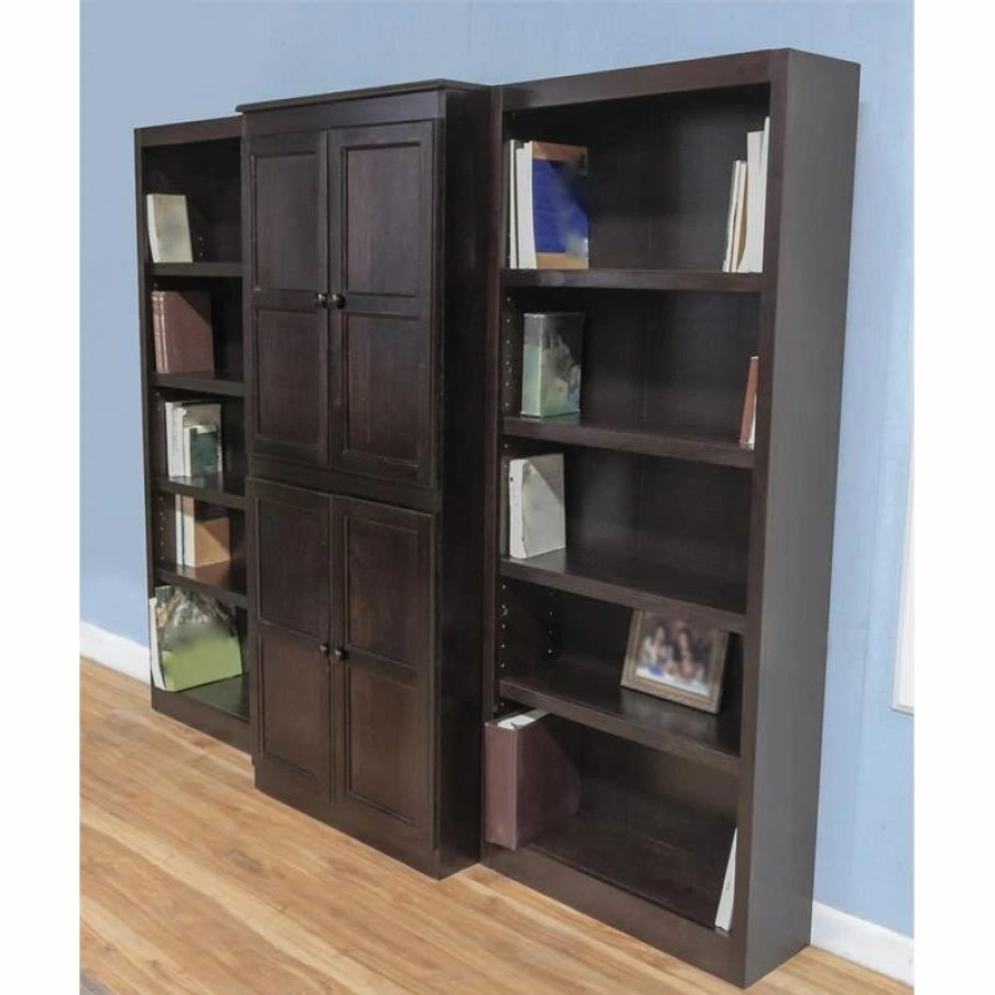 Bookcases * | Concepts In Wood Traditional 72 Tall 15-Shelf Wood Bookcase Wall With Doors In Espresso