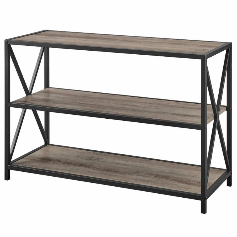 Bookcases * | Walker Edison 40 X-Frame Metal And Wood Media Bookshelf, Gray Wash