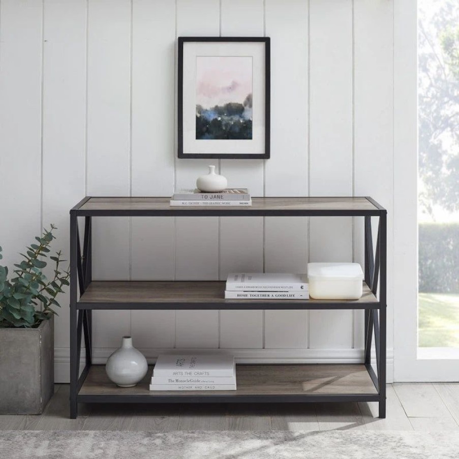 Bookcases * | Walker Edison 40 X-Frame Metal And Wood Media Bookshelf, Gray Wash