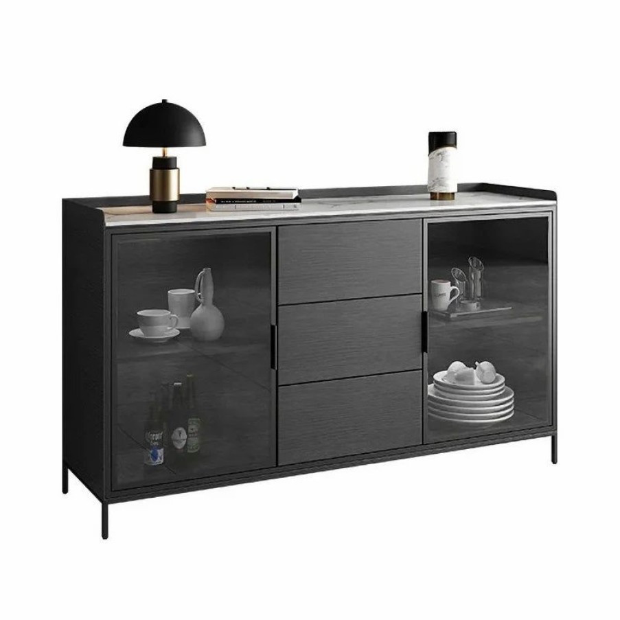 Buffets & Sideboards * | Homary 47 Black Sideboard Buffet Doors&Drawers Stone Top Modern Sideboard Cabinet