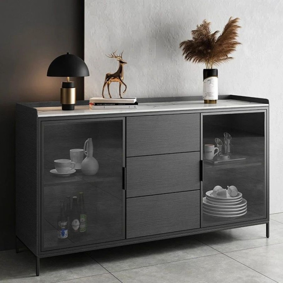 Buffets & Sideboards * | Homary 47 Black Sideboard Buffet Doors&Drawers Stone Top Modern Sideboard Cabinet