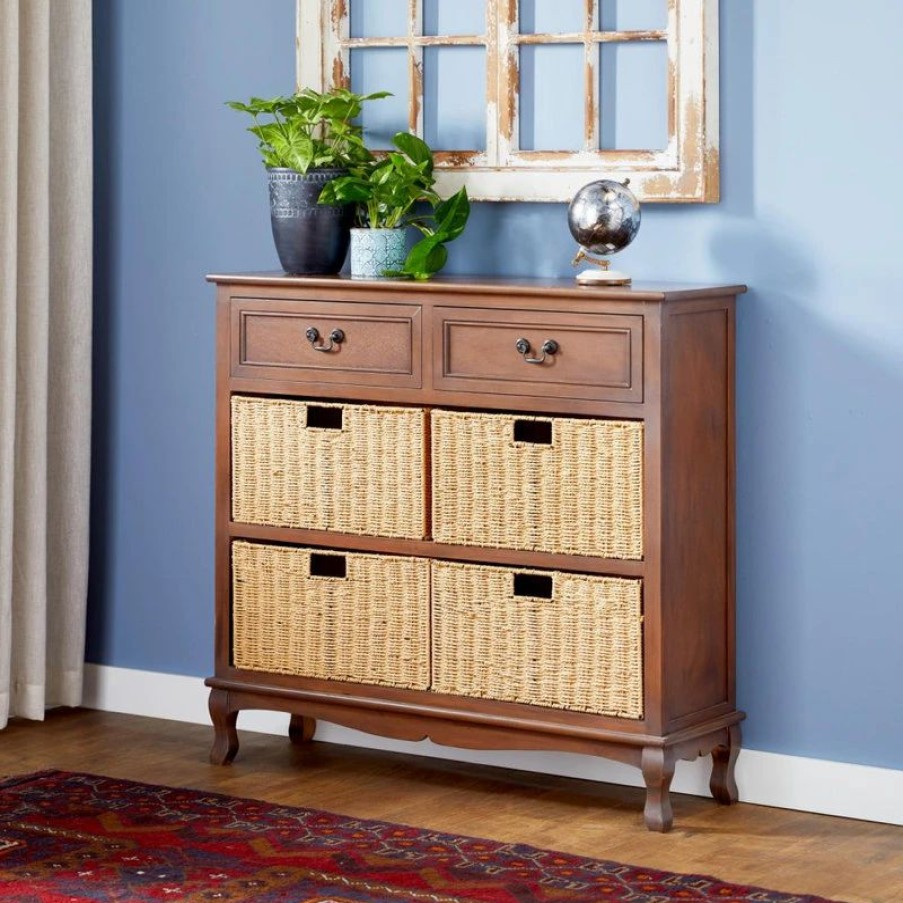 Accent Chests & Cabinets * | Zimlay Traditional Wooden Chest With Woven Seagrass Baskets 96379