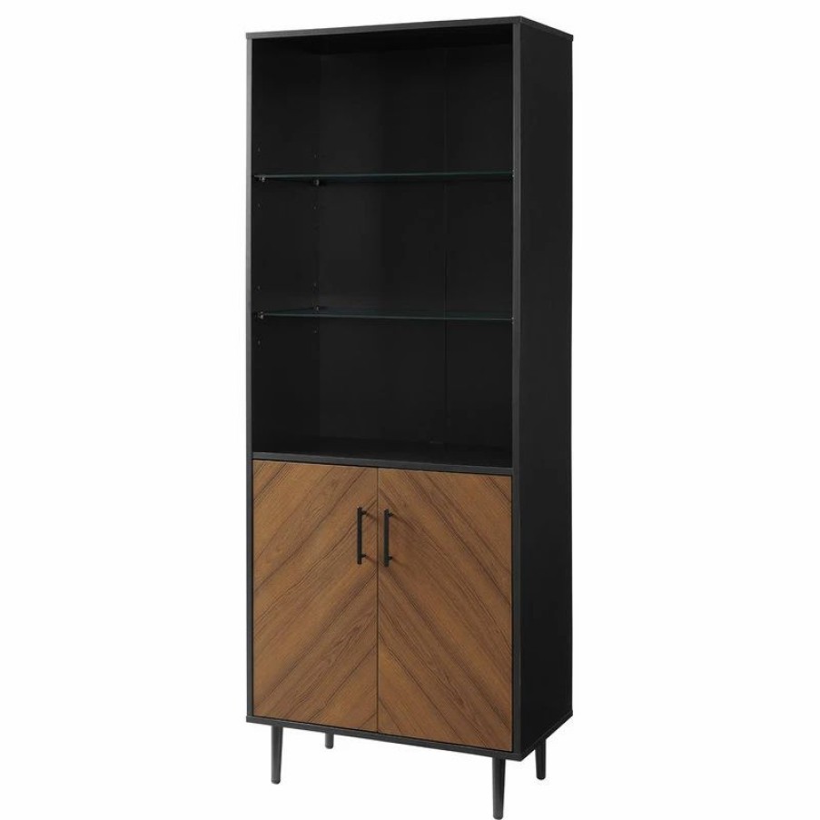 China Cabinets & Hutches * | Walker Edison Hampton 68 Bookmatch Doors Two-Tone Hutch Solid Black