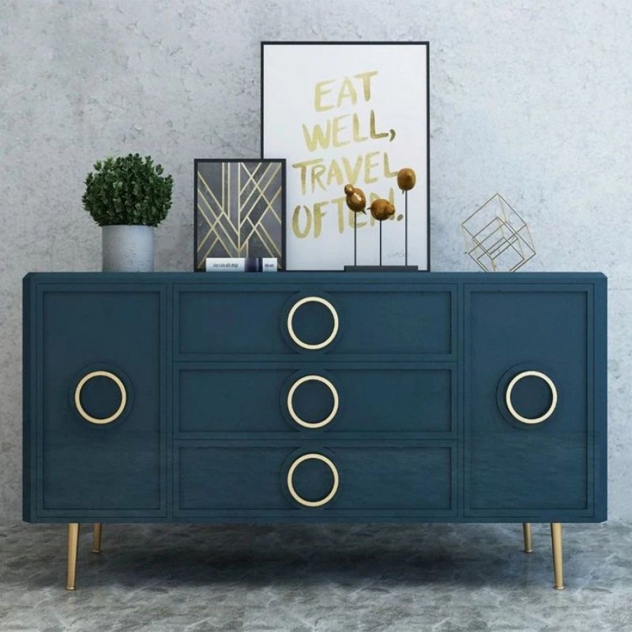 Buffets & Sideboards * | Homary Navy Blue Sideboard Cabinet Gold Credenza Drawers And 2 Doors 47.2"