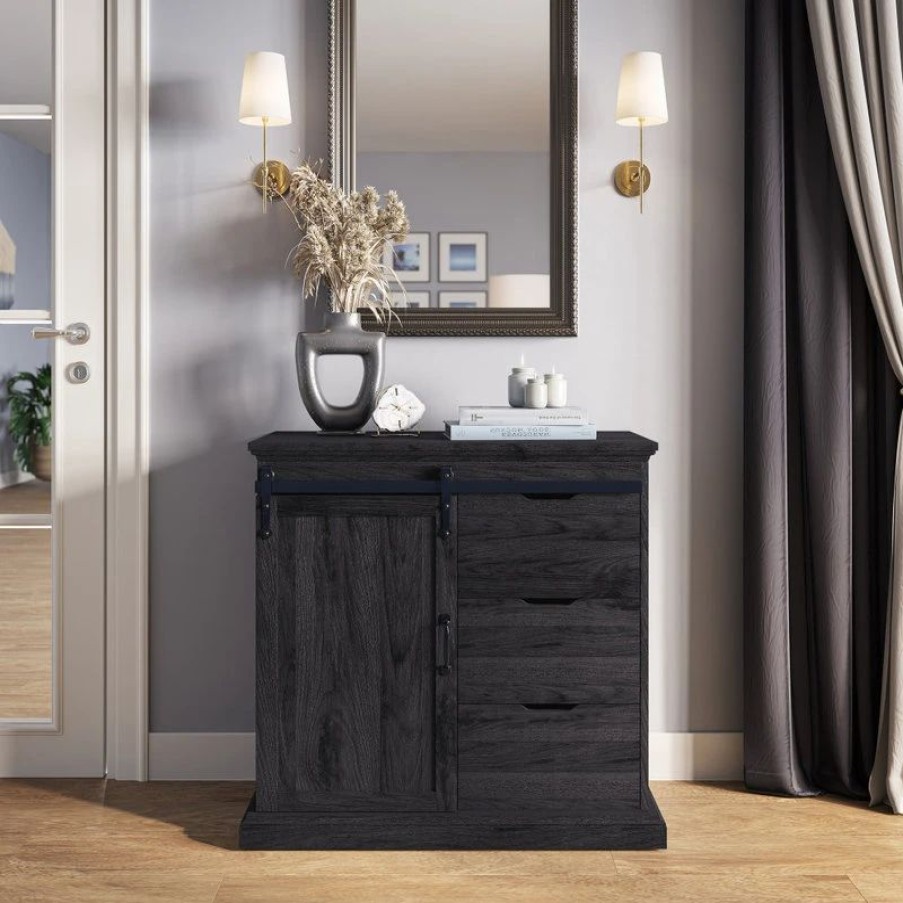 Buffets & Sideboards * | Belleze Buffet Table With Sliding Barn Door, Three Drawers & Two Shelves, Rustic Gray