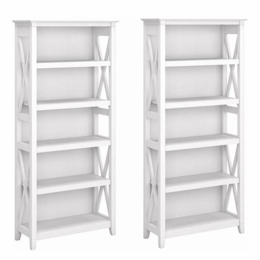 Bookcases * | Bush Business Furniture Key West 5 Shelf Bookcase Set In Pure White Oak Engineered Wood