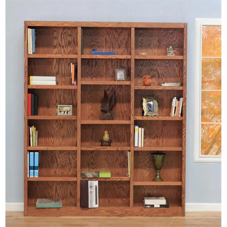 Bookcases * | Concepts In Wood Traditional 84 Tall 18-Shelf Triple Wide Wood Bookcase In Dry Oak