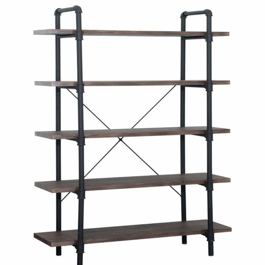 Bookcases * | Gdfstudio Gdf Studio Clint Faux Wood Industrial Five Tier Shelf, Dark Brown/Texture Brown