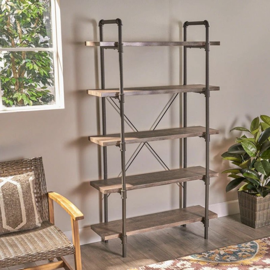 Bookcases * | Gdfstudio Gdf Studio Clint Faux Wood Industrial Five Tier Shelf, Dark Brown/Texture Brown