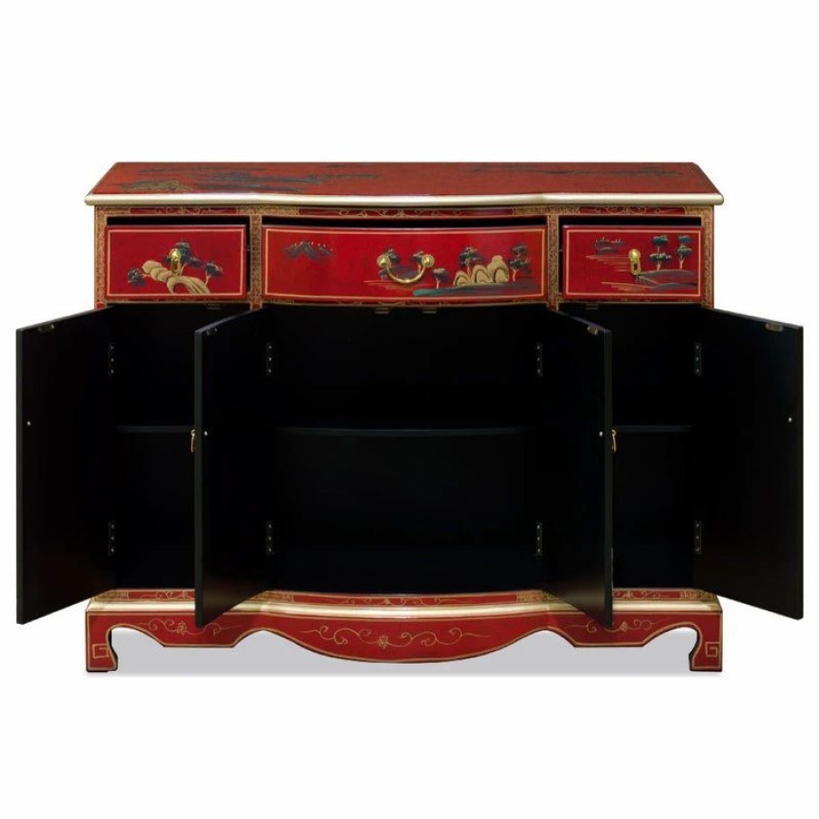 Accent Chests & Cabinets * | China Furniture And Arts Red Lacquer Chinoiserie Scenery Motif Oriental Hall Cabinet