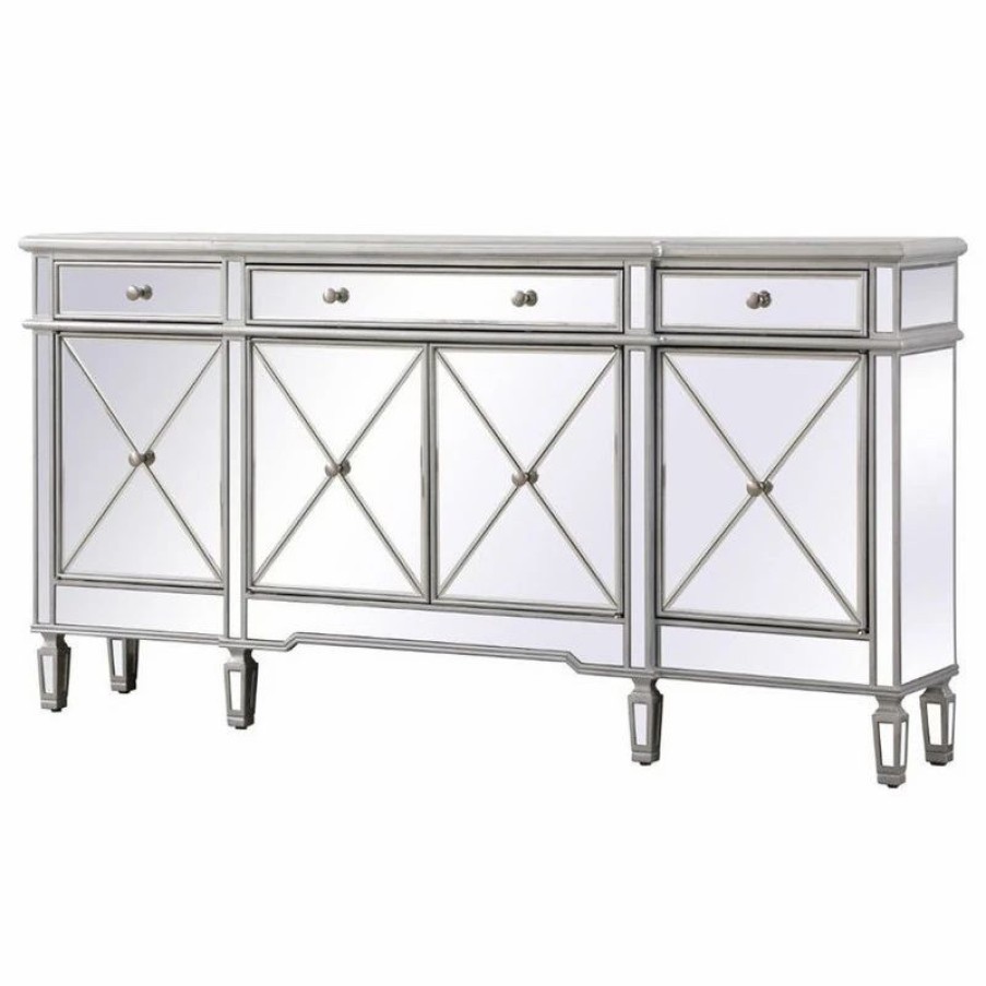 Buffets & Sideboards * | Elegant Furniture & Lighting Elegant Decor Contempo 4 Door 72 Mirrored Sideboard In Antique Silver