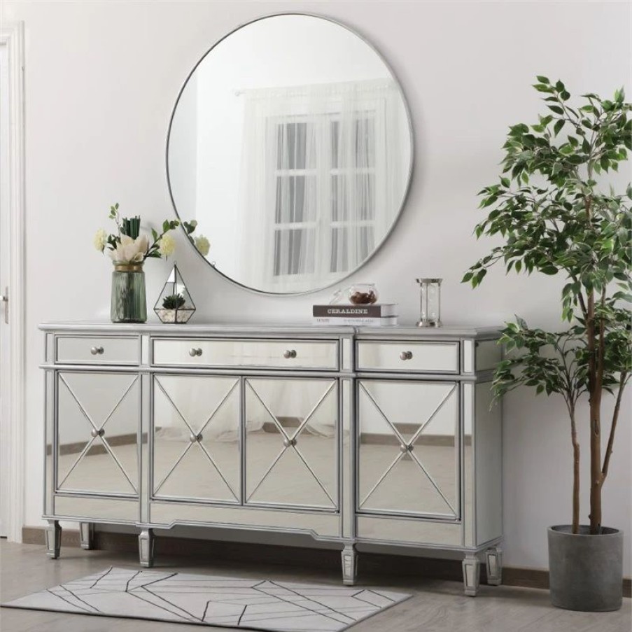 Buffets & Sideboards * | Elegant Furniture & Lighting Elegant Decor Contempo 4 Door 72 Mirrored Sideboard In Antique Silver