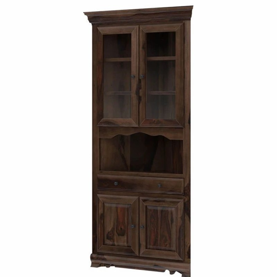 China Cabinets & Hutches * | Sierra Living Concepts Inc Tiverton Rustic Solid Wood Glass Door Dining Corner Hutch