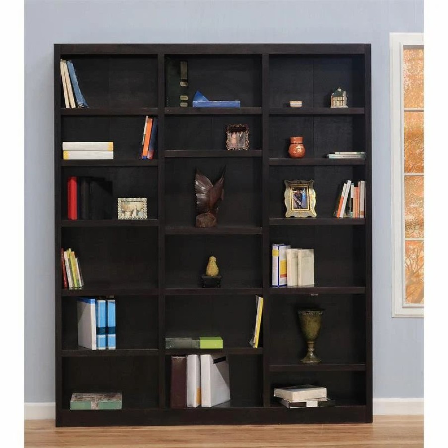 Bookcases * | Concepts In Wood Traditional 84 Traditional Tall 18-Shelf Triple Wide Wood Bookcase In Chocolate