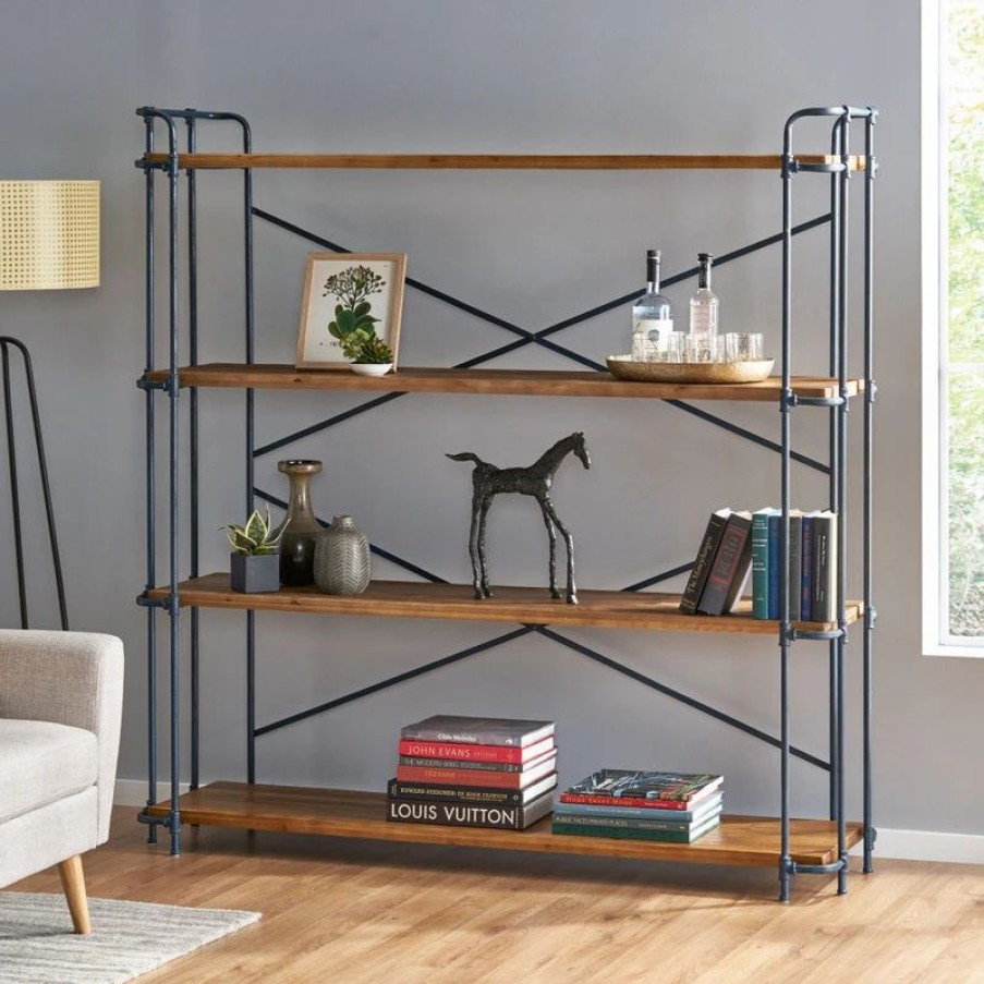 Bookcases * | Gdfstudio Mercia Industrial 4 Shelf Firwood Bookcase, Antique Brown