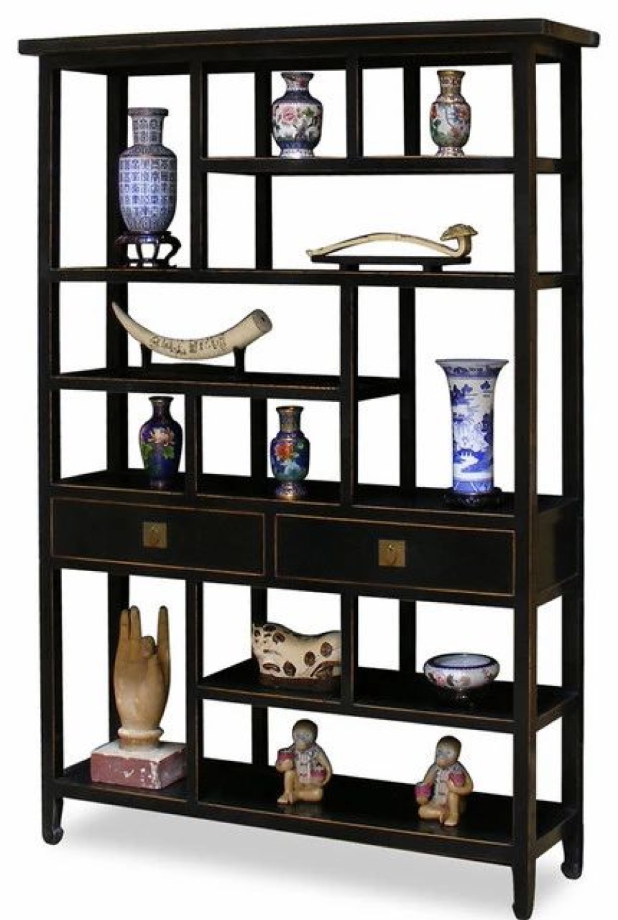 China Cabinets & Hutches * | China Furniture And Arts Distressed Black Elmwood Asian Curio Display Bookshelf