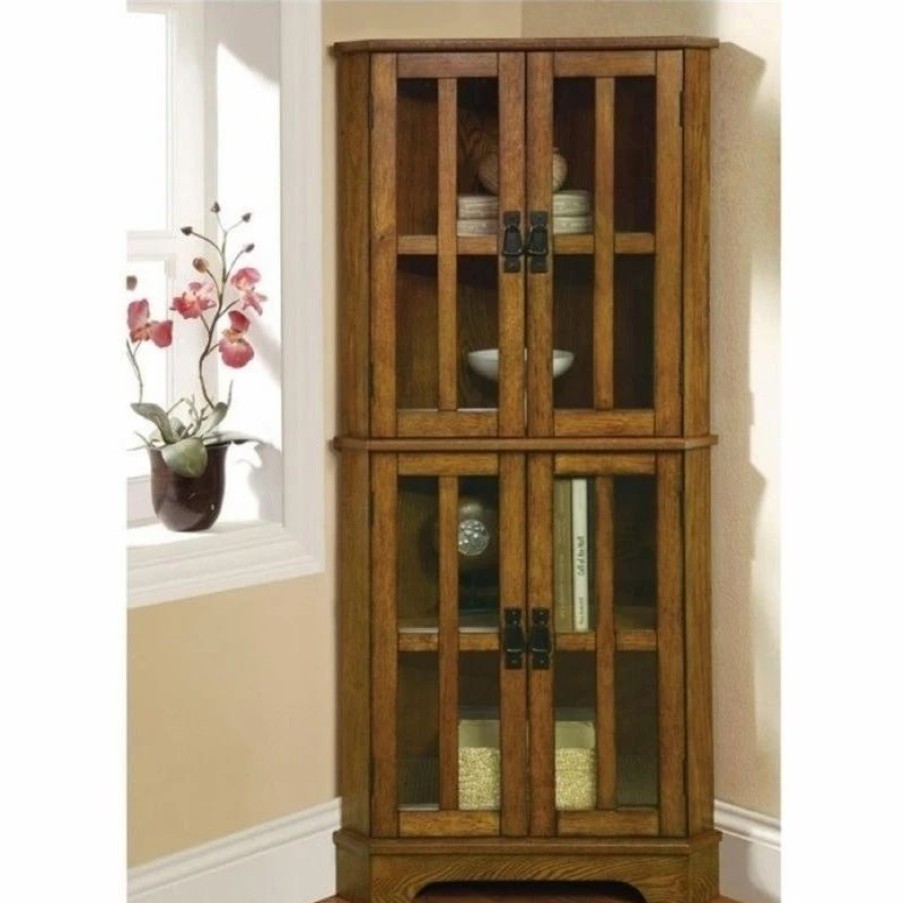 China Cabinets & Hutches * | Bowery Hill 4 Shelf Corner Curio Cabinet In Golden Brown