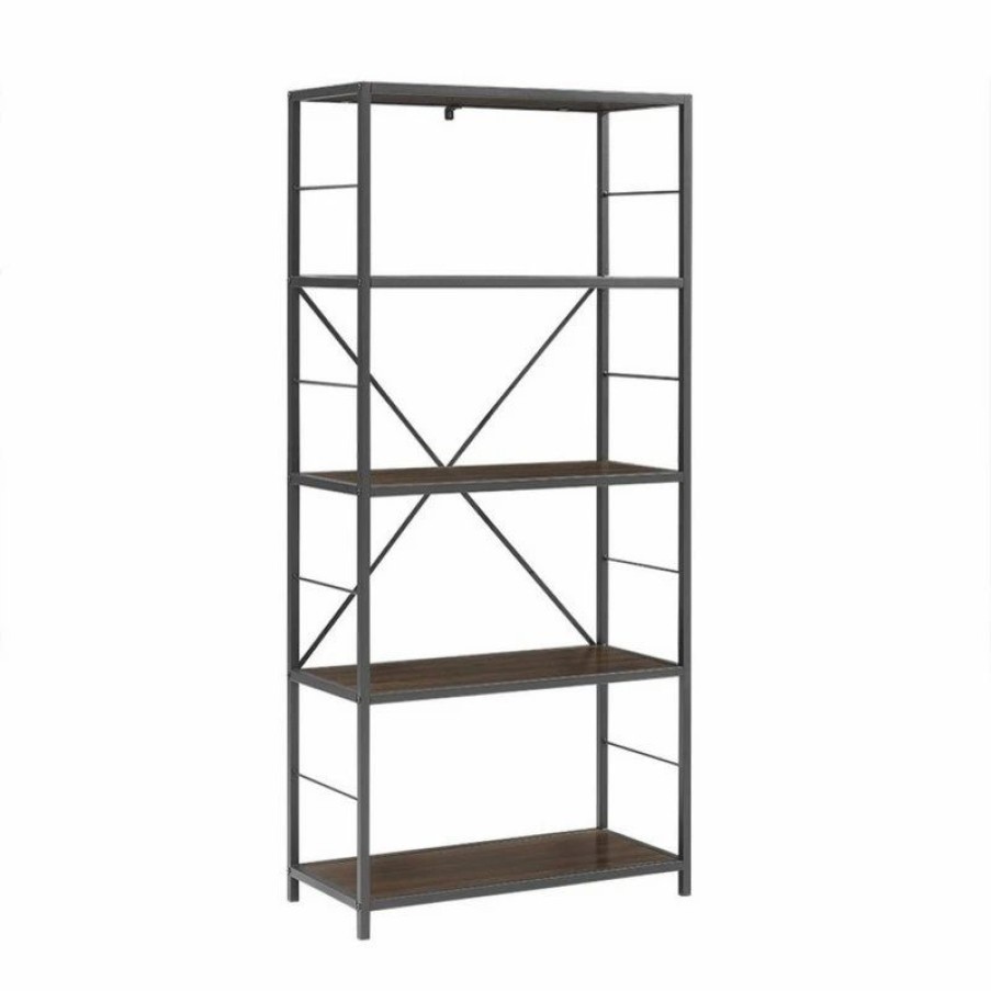 Bookcases * | Walker Edison 60 Rustic Metal And Wood Media Bookshelf, Dark Walnut