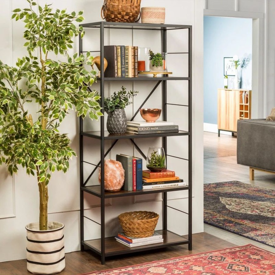 Bookcases * | Walker Edison 60 Rustic Metal And Wood Media Bookshelf, Dark Walnut