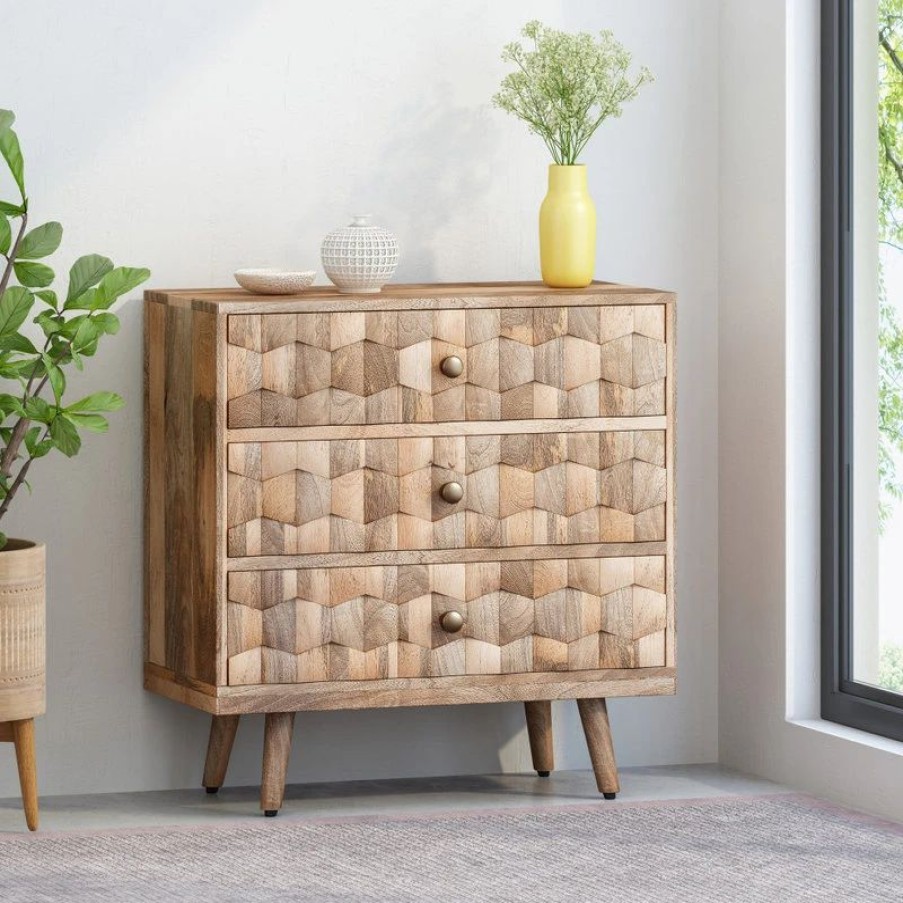 Accent Chests & Cabinets * | Gdfstudio Poppy Mid-Century Modern Handcrafted Mango Wood 3 Drawer Chest