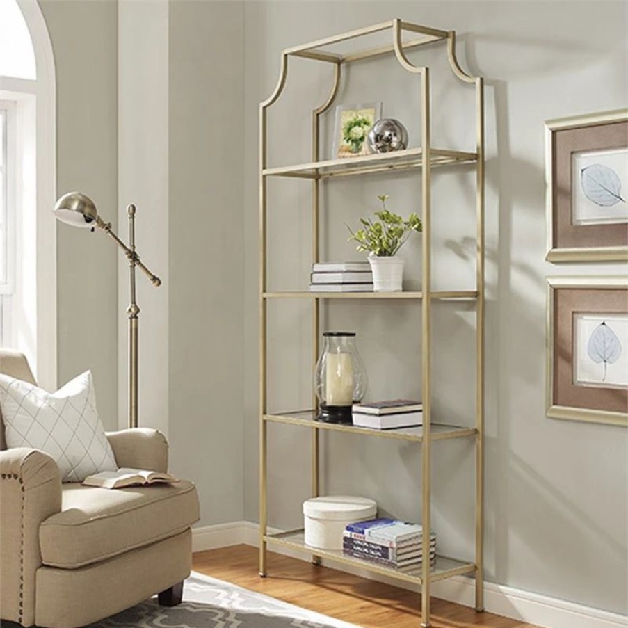 Bookcases * | Crosley Aimee 4 Shelf Glass Etagere Bookcase In Antique Gold